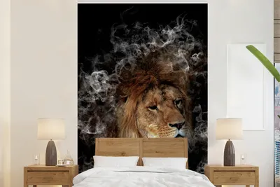 Produktbild von MuchoWow® Fototapete für Wohnzimmer oder Schlafzimmer Wandtapete Vinyl Motivtapete Löwe - Rauch - Abstrakt - 225x350 cm - Schlafzimmer tapete