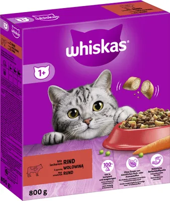 Produktbild von Whiskas, Dospelí 1+, Suchá krmivo pre mačky, hovädzina, 800g