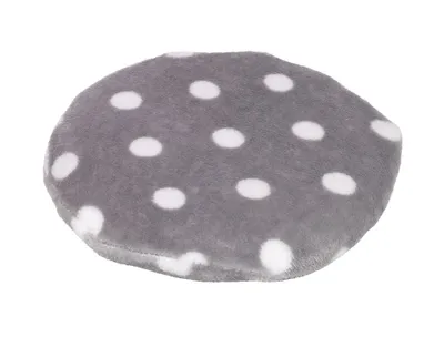 A round, gray cushion with white polka dots, isolated on a white background.