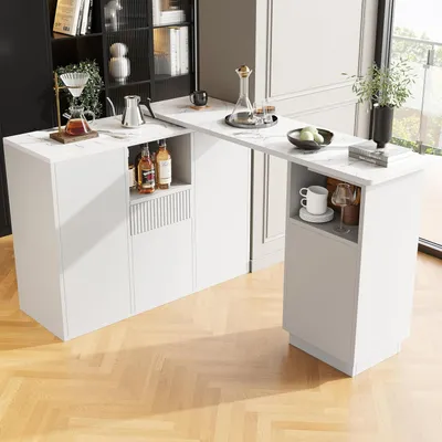 Produktbild von Um 360° drehbarer Bartisch mit modernem, schlichtem Design, offenem Stauraum und Marmor-Arbeitsplatte, multifunktionale Aufbewahrungsinsel, Hauptkörper 210 x 30 x 100.9 cm (Weiß)