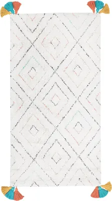 Obrázek produktu pro BELIANI Koberec bílý 80 x 150 cm Shaggy s barevnými třásněmi, všívaným geometrickým vzorem, moderní