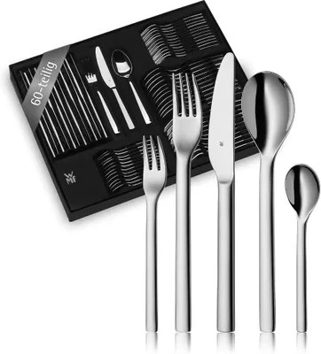 Image de Ensemble de couverts WMF Habitum pour 12 personnes, comprenant 60 pièces, avec couverts de table et couteaux monobloc, en acier inoxydable