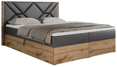 Produktbild von Boxspringbett 180x200 mit Bettkasten, Polsterbett 180x200 mit Matratze H4, Boxspringbett 180x200 mit Kopfteil, Boxspringbett mit Massivholz - Gunar - Dunkelgrau Kunstleder - H4