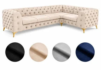 Zdjęcie produktu dla Narożnik Moet w kształcie litery L, beżowy, wymiary 323 x 202 cm – nowoczesny, wypoczynkowy, pikowany z wypełnieniem ze sprężyn Bonell