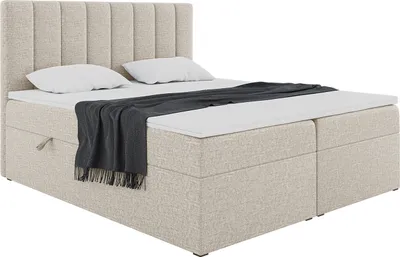Produktbild von MEBLINI Boxspringbett mit Bettkasten - Gepolstert Doppelbett mit Matratze und Topper - Polsterbett mit Stauraum - Bett mit Kopfteil - Stauraumbett - ERLING - 140x200 - H3/Beige Webstoff