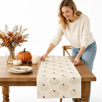 Produktbild von Herbst Tischläufer mit Kürbis Motiv, 33x183 cm Tischdeko für Esstisch, Küche und Wohnzimmer, weiche Tischdekoration für Thanksgiving und Herbst