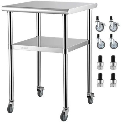 Productafbeelding van Roestvrijstalen voorbereidingstafel, 60 x 60 x 91 cm, met een draagvermogen van 272 kg. Robuuste metalen werkbank met verstelbaar onderrek en universele wielen, geschikt voor professioneel gebruik in de keuken, garage of tuin