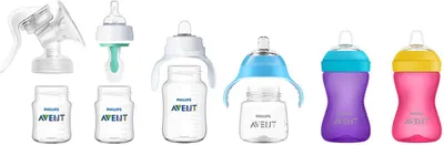 A collection of Philips AVENT baby bottles and accessories arranged on a white background.