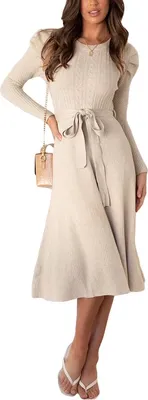 Produktbild von ASKSA Women's Knitted Dress Pullover Puff Sleeves Round Neck Slim Swing Midi Dress with Belt, Aprikose, M