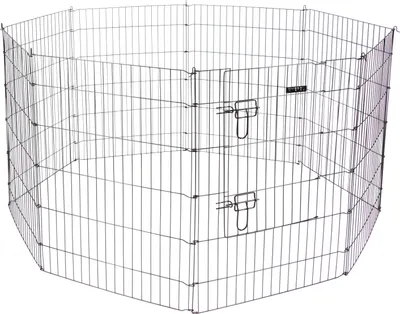 An octagonal wire pet playpen with two doors.
