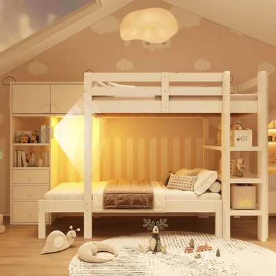 Obrázek produktu pro MODFU Patrová postel bez matrace 90x200 cm, postel pro mládež se zásuvkami, rám postele se skříní a policí, dřevěná postel s inteligentním nočním světlem, šachovnicový design, bílá barva