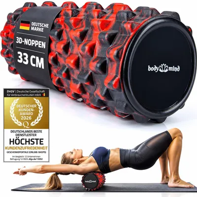 Produktbild von Body & Mind Faszienrolle Schwarz-Rot 33x14,5cm Massagerolle für Selbstmassage, Faszientraining, Muskelentspannung, Yoga & Pilates
