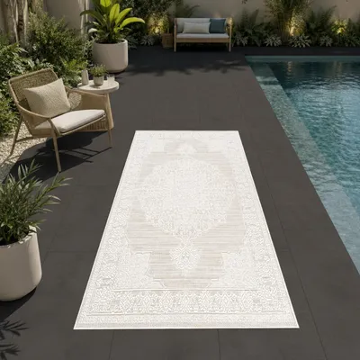 Imagen del producto de Alfombra color gris claro (greige), ideal para interiores y exteriores, fácil de limpiar. Tamaño: 60 x 180 cm