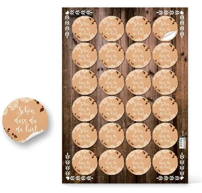 Produktbild von Logbuch-Verlag 24 runde SCHÖN DASS DU DA BIST Aufkleber braun weiß im Boho Vintage Stil - Sticker Verzierung für Gastgeschenke Hochzeitsdeko48 Aufkleber / 2 Bögen