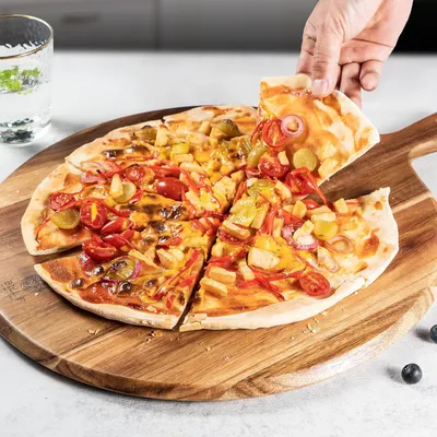 Produktbild von Holz-Pizzaschieber 16 Zoll - Akazienholz - Runde Schneidebrett mit Griff für Küche und Charcuterie