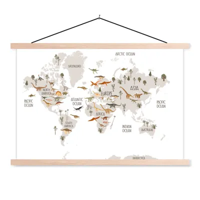 Obrázek produktu pro MuchoWow® Textilní plakát - Mapa světa pro děti - Dinosauři - Školka - Chlapci - Dívky - Děti - 90x60cm - S hnědými lamelami
