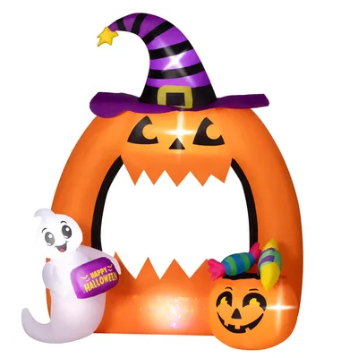 Image de Outsunny Arche de citrouille gonflable d'Halloween de 150H cm avec fantôme mignon, décoration d'Halloween gonflable avec lumières LED pour pelouse, jardin, cour
