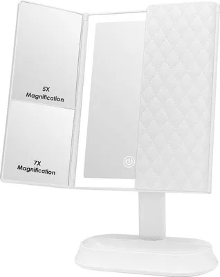 Produktbild von LED-Beleuchtete Aanrechtspiegel mit Touchscreen, 3-fach 1x 5x 7x Vergroßerung, 90-Grad-Rotationsarm, USB- und Batteriebetrieb, Cosmetische Ablage, weiß.