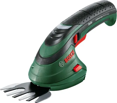 A Bosch Isio cordless grass and shrub shear is shown against a white background.