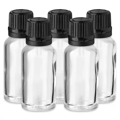 Produktbild von 5x Klare Glasflasche 20 ml mit schwarzem Tropfeinsatz leere für Öl Set