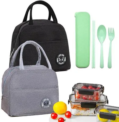 Produktbild von Isolerter Lunchtas 2er-Pack, 6 L, kleine, faltbar, geisolierter Rucksack mit Foliebeschichtung, 3 Besteckteile, für Schule, Büro, Picknick, Reisen