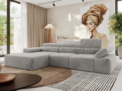Produktbild von MKS MEBLE L-form Ecksofa RILASSO mit Relax-Funktion, verstellbare Kopfstützen - Hellgrau Plüsch - Links