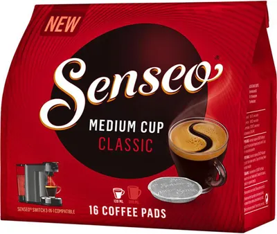 A product package for Senseo coffee pads, featuring the brand logo, product name, and an image of a cup of coffee.