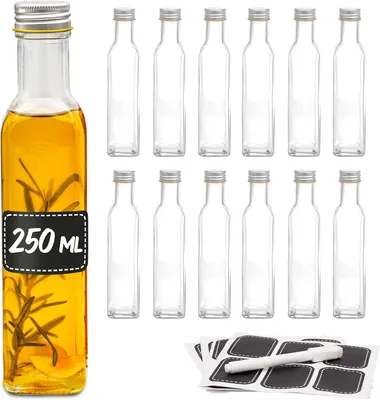 Produktbild von Praknu 12er Set Glasflaschen 250ml Schraubverschluss Eckig - Leere Flaschen zum Befüllen - 12 Etiketten mit Stift - Glasflaschen für Öl, Essig, Saft & Limonade