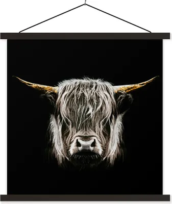 Produktbild von MuchoWow® Textilposter Schottisches Hochlandrind - Schwarz - Weiß - Hörner 40x40 cm mit schwarzem Rahmen - Fotos