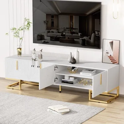 Obrázok produktu pre TV skrinka – biela – 170x40x45,5 cm – drevotrieska – zlaté úchytky a nožičky – obývacia izba