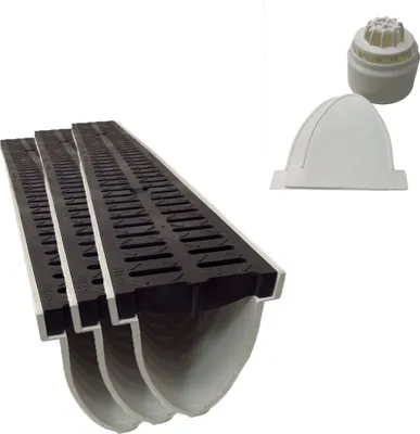 Produktbild von 3x Xanie Entwässerungsrinne V Kunststoffrost Klasse B 100cm + Ablaufanschluss-Set vertikal