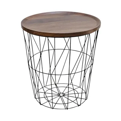 A round wooden tabletop sits atop a black wireframe basket base, presented against a white background.