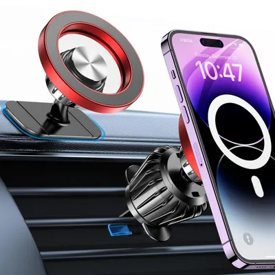 Image de Support de téléphone pour voiture, compatible avec MagSafe, aimant N55, rotation à 360°, fixation par ventilation ou tableau de bord, couleur rouge, compatible avec iPhone 12 à 16