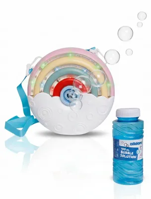Produktbild von Seifenblasenmaschine Rainbow mit Leuchteffekt - Automatische Blasenmaschine für Kinder mit Regenbogenlicht und Trageband - Outdoor Spielzeug ab 3, KI-generiertes Bild