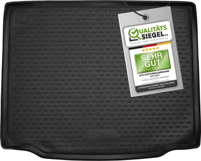 A black car trunk liner with a marketing tag attached.