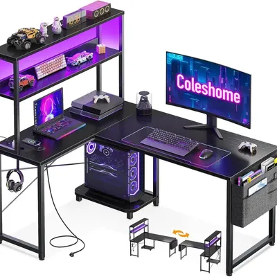 Produktbild von Gaming Schreibtisch L-Form 110x80 cm LED Steckdose Eckschreibtisch mit Regal Haken Aufbewahrung Gamer Tisch Schwarz