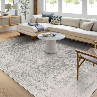 Imagen del producto de Silecomplaza Syracusa Vintage grande: Alfombra oriental para sala de estar de 160x220 cm, ideal para comedor o dormitorio. Estilo bohemio, pelo corto para fácil mantenimiento. Color gris y beige