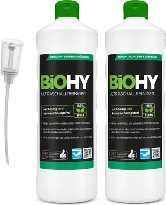 Produktbild von BiOHY Ultraschallreiniger (2x1l Flasche) + Dosierer | intensive und materialschonende Reinigung von Brillen, Dentalprodukte, Gold, Münzen und Schmuck| KONZENTRAT für Ultraschallbad