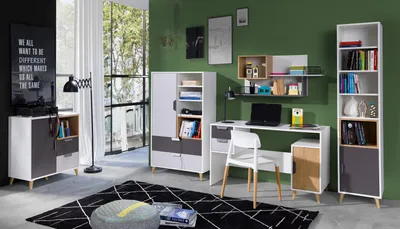 A modern children's room setup with a desk, chair, wardrobe, and bookshelf.