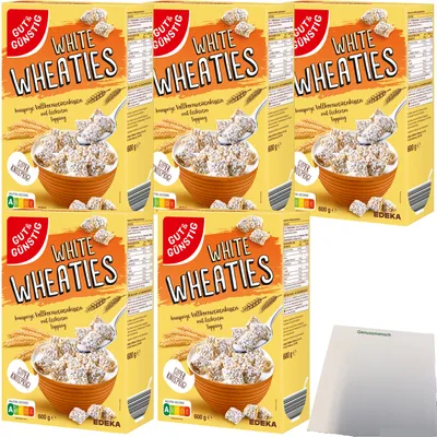 Produktbild von Gut & Günstig White Wheaties Vollkornweizenkissen mit Zuckertopping VPE (5x600g Packung) + usy Block
