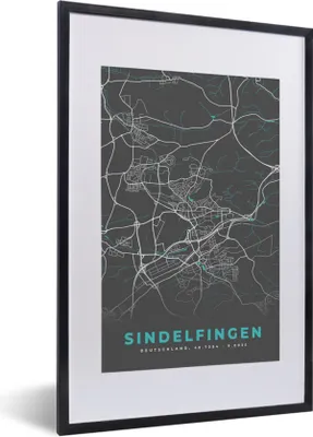 Produktbild von MuchoWow® Gerahmtes Poster Deutschland - Blau - Sindelfingen - Stadtplan - Karte 40x60 cm - Poster mit Schwarzem Bilderrahmen Wandposter Rahmen Foto Bilder - Poster in Rahmen
