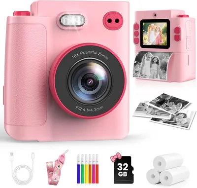 Produktbild von Sofortbildkamera Kinder 1080P HD mit 32GB Karte & Druckpapier, Digitalkamera Spielzeug für Jungen Mädchen 3-12 Jahre Geburtstag Weihnachten Geschenk