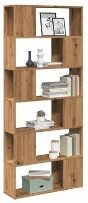 Image de Bibliothèque et séparateur de pièce - 80x24x186 cm, en bois, avec des étagères ouvertes et des compartiments fermés