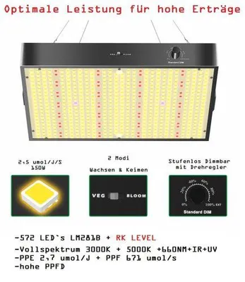 Produktbild von JUNG Vollspektrum LED Wachstumslampe PB1000 Vollspektrum Grow Lampe 150 W Dimmbar für Growbox Set  Anzuchtlampe für Pflanzen Wachstumslicht Growlampe