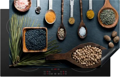 Produktbild von KitchenYeah© Herdabdeckplatte Kräuter - Löffel - Gewürze - Küche , 85x52cm, Küche Deko, Glaskeramikkochfeld Herdabdeckung, Abdeckplatte fùr Kochfeld
