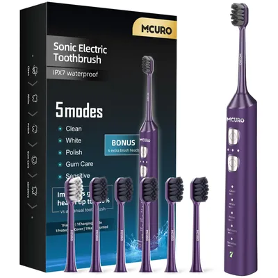 Produktbild von MCURO Elektrische Schallzahnbürste, wiederaufladbar, 10 Std. Ladezeit für bis zu 180 Tage Nutzung, 5 Putzmodi, Timer, 6 Bürstenköpfe, Lila
