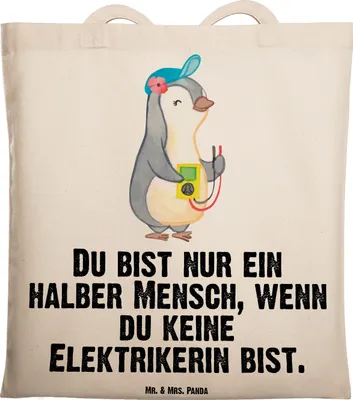 Produktbild von Mr. & Mrs. Panda Shopping Tasche Elektrikerin Herz - Transparent - Geschenk, Witzig, Beruf, Ausbildung, Schultasche, Laptoptasche, Lustig, Tragetasche, Beutel, Spruch