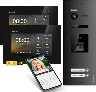 Produktbild von HD Video Türsprechanlage mit Fingerprint RFID und Smartphone App für 2 Familienhaus, 2x Monitore, Balter EVO HD Fingerprint