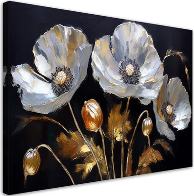 Image de Toile « Coquelicots Glamour Fleurs Argent 60x40 Feeby Noir » Image pour le mur, prête à être accrochée