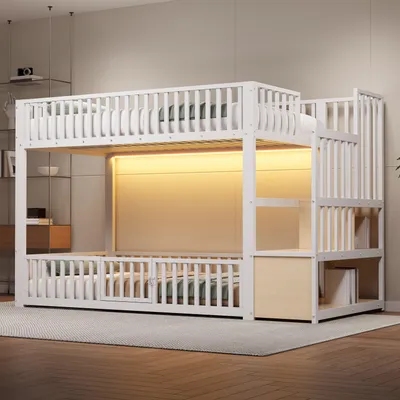 Produktbild von MODFU Doppelbett 90x200 Stockbett mit Sicherheitsgeländer Jugendbett mit Stauraumleiter und LED Beleuchtung ohne Matratze Weiß